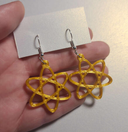 two gold earrings in the shape of an atom symbol with silver ear hooks